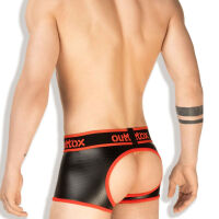 - "Open Rear Trunk Shorts - Black/Red" 