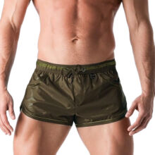- "BeGuard - Nylon Club Shorts with Foil Piping Details - Dark Olive" 